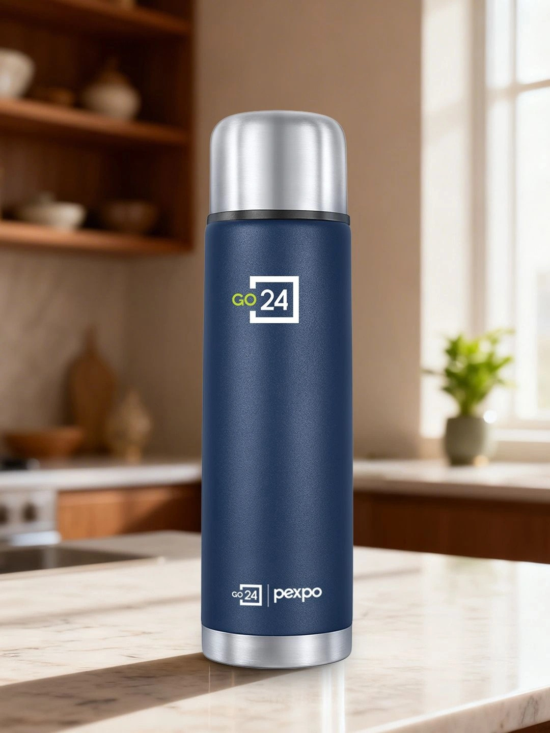 Go24 Navy Blue Solid Stainless Steel Double Wall Vacuum Flask - 500ml