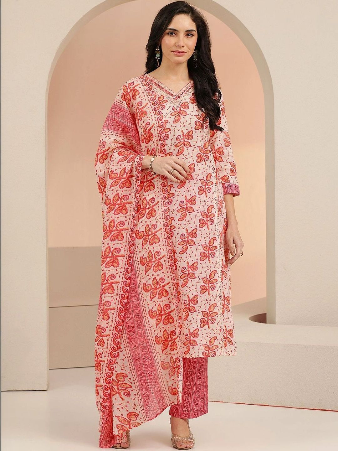 Libas Off White Floral Printed Cotton Straight Suit Set