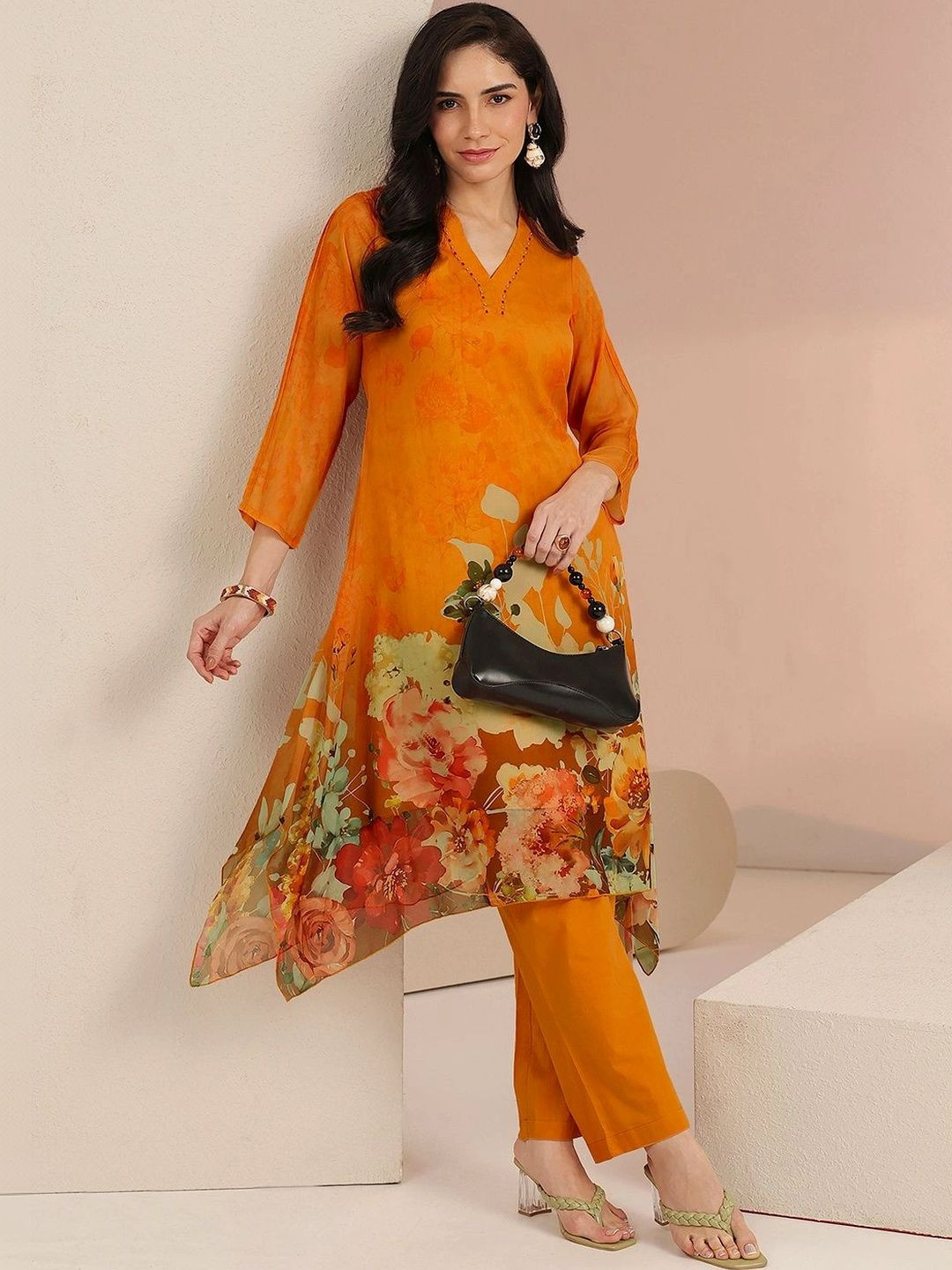 Libas Orange Floral Printed Chiffon High Low Kurta Set