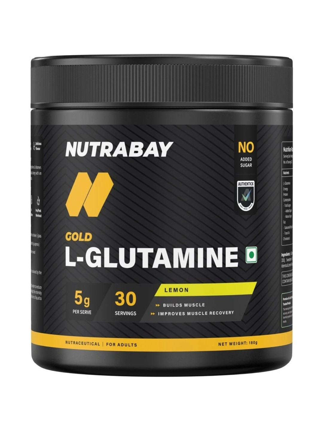 Nutrabay Gold L-Glutamine Supplement Powder For Muscle Growth & Recovery - 180 g - Lemon