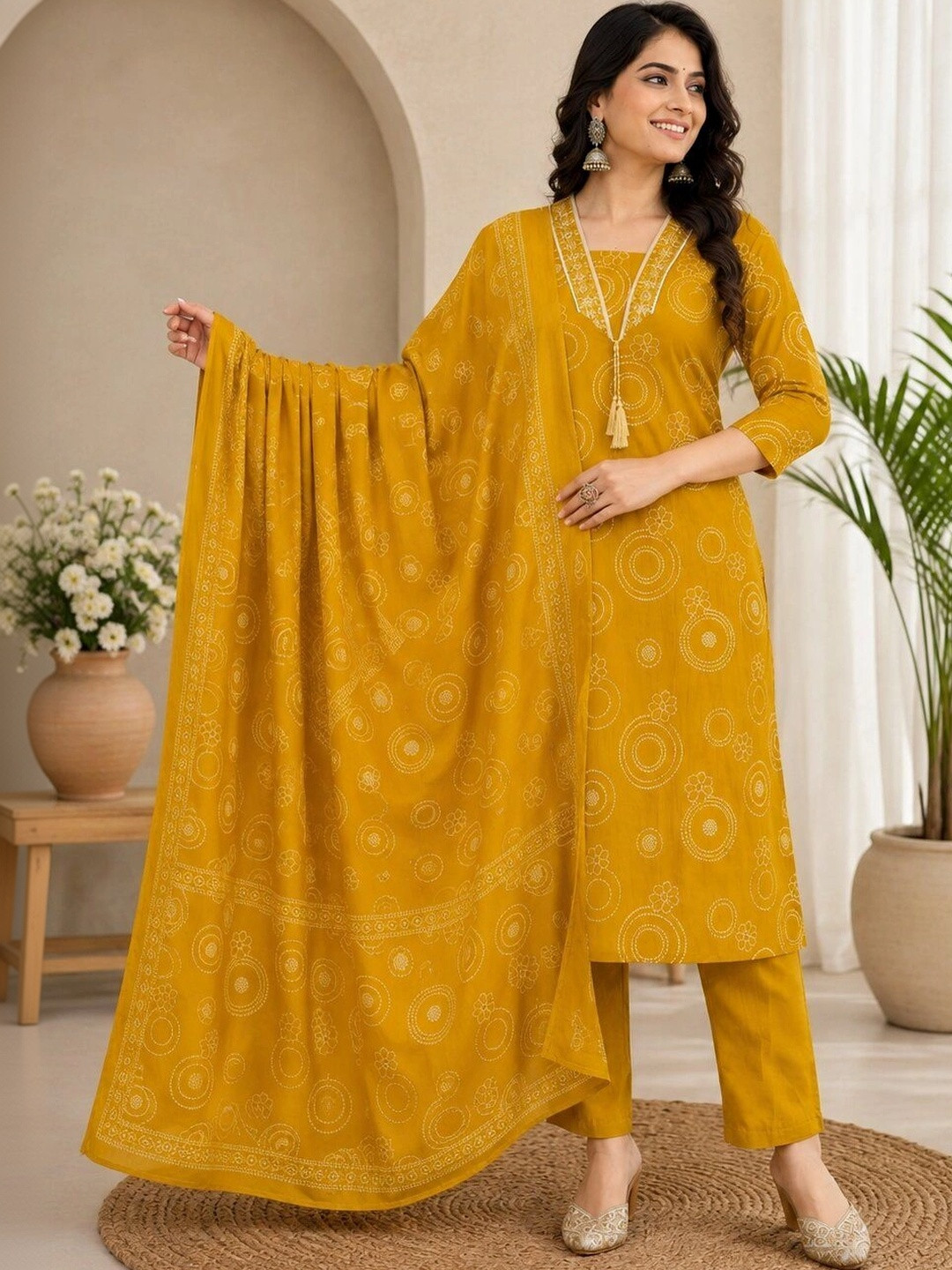 MANJALI DESIGN Women Ethnic Motifs Printed Regular Pure Cotton Kurta with Trousers & With Dupatta