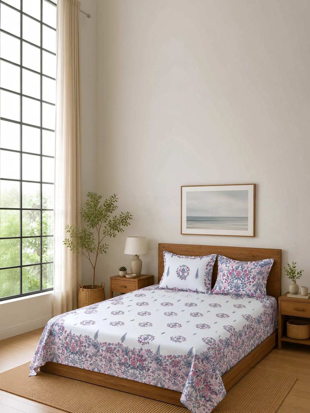 Rajasthan Decor White & Pink Floral Cotton 210 TC King Bedsheet Set-2.50 m x 2.70 m