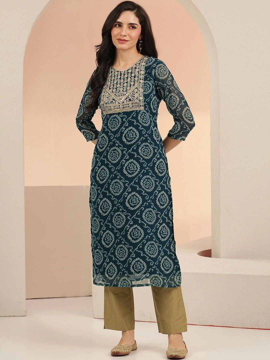 Libas Teal Blue Bandhani Printed Chiffon Straight Kurta