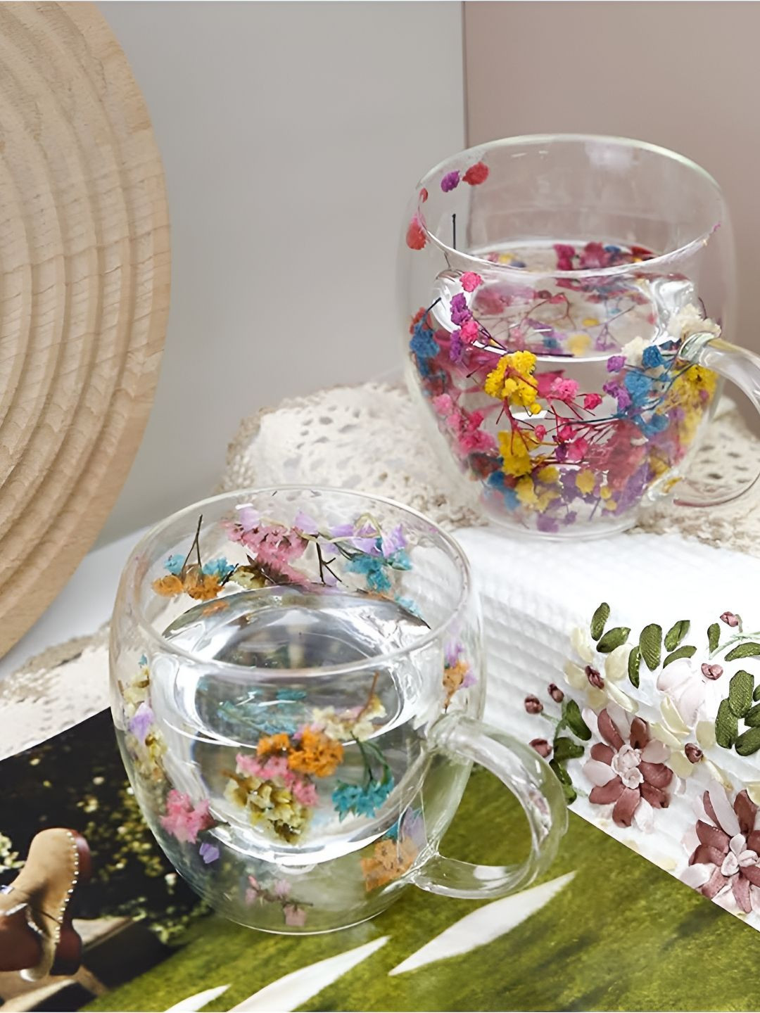 MARKQUES Evil Eye Mug and Loveislove Transparent Floral Glass Microwave Safe 2 Piece Mugs-250ml