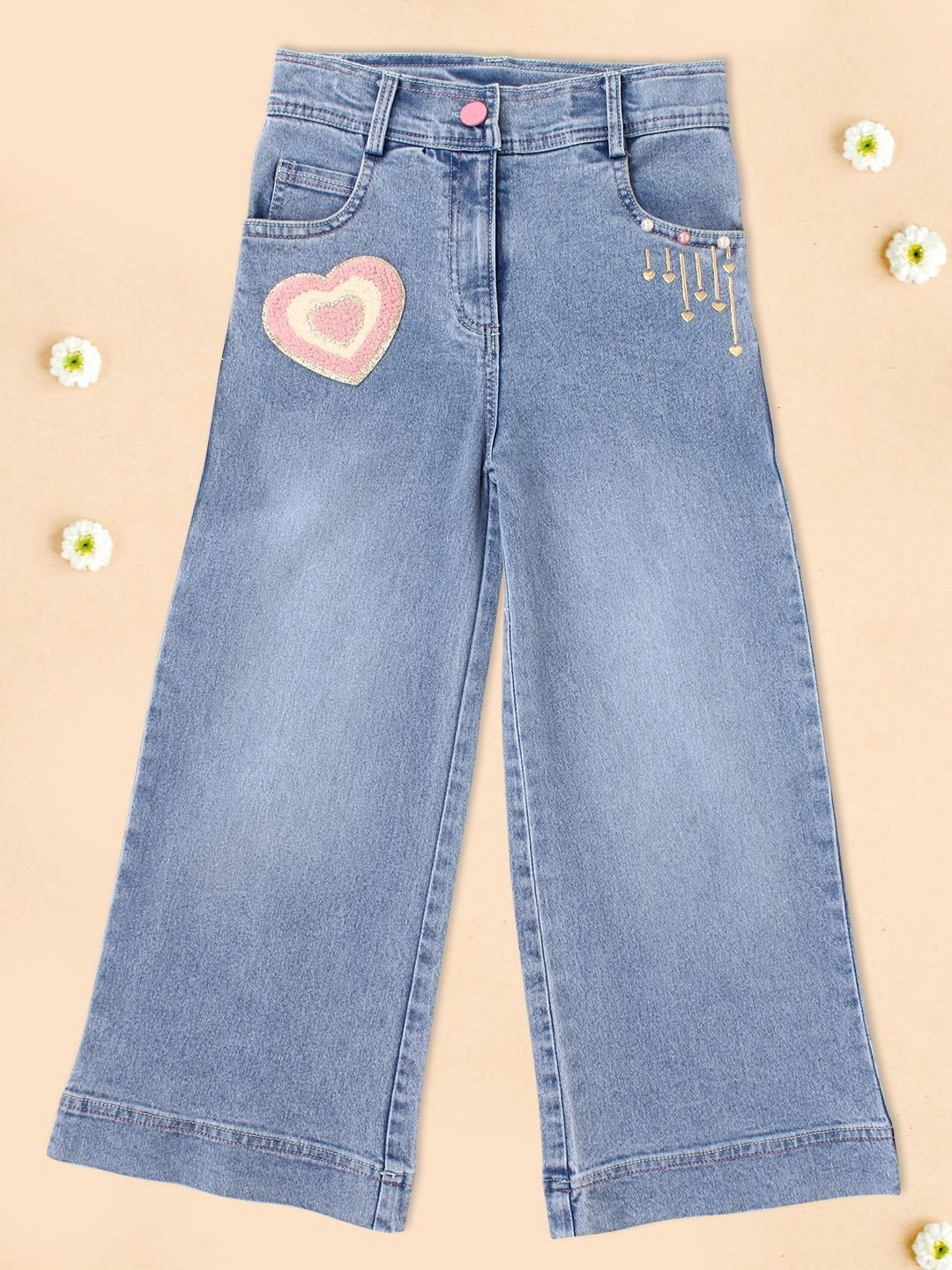 CUTECUMBER Girls Narrow Wide Leg Mid-Rise Light Fade Embellished Stretchable Jeans