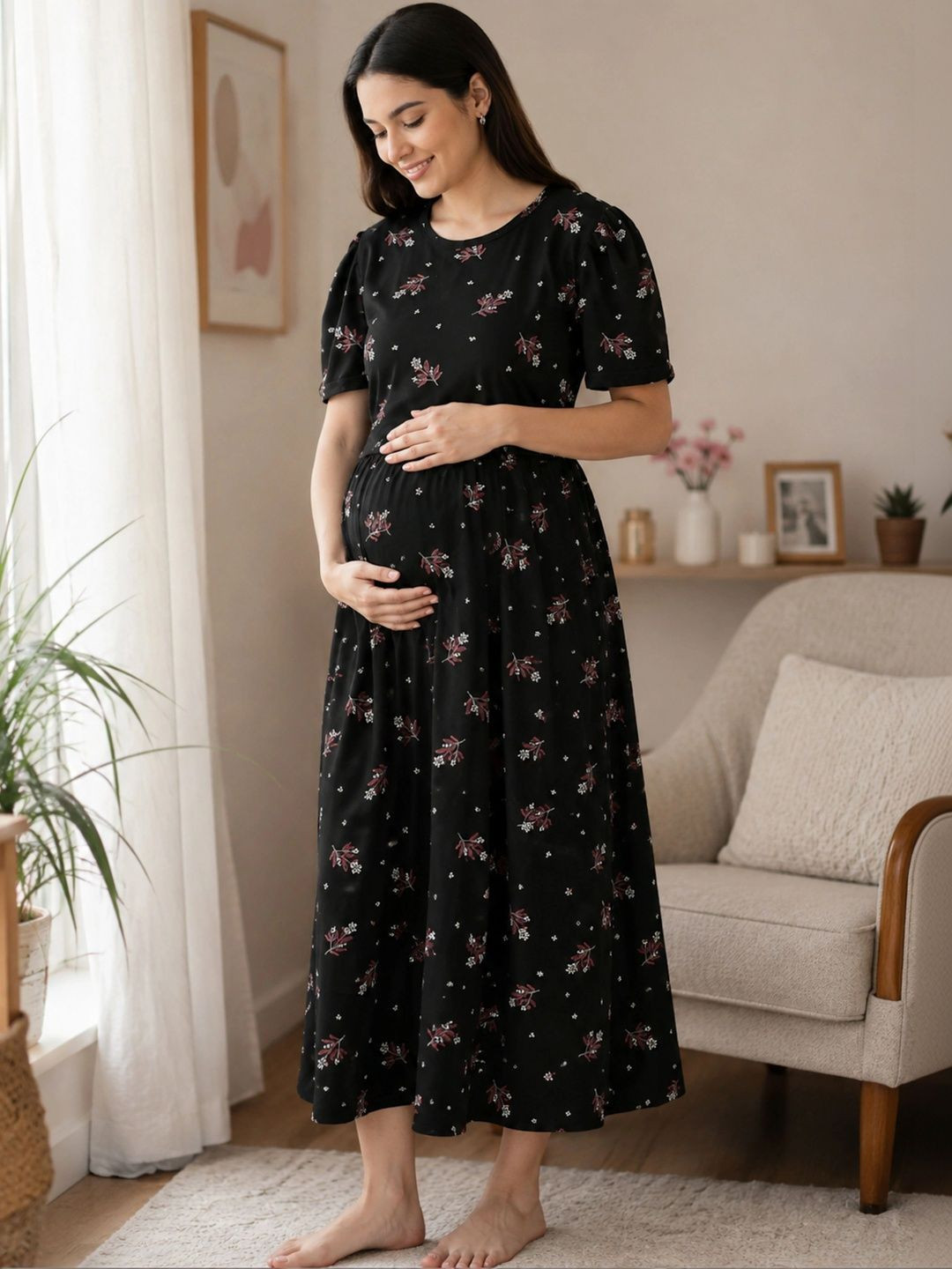 9shines Label Floral Printed Puffed Sleeves Pure Cotton Maternity Nightdress