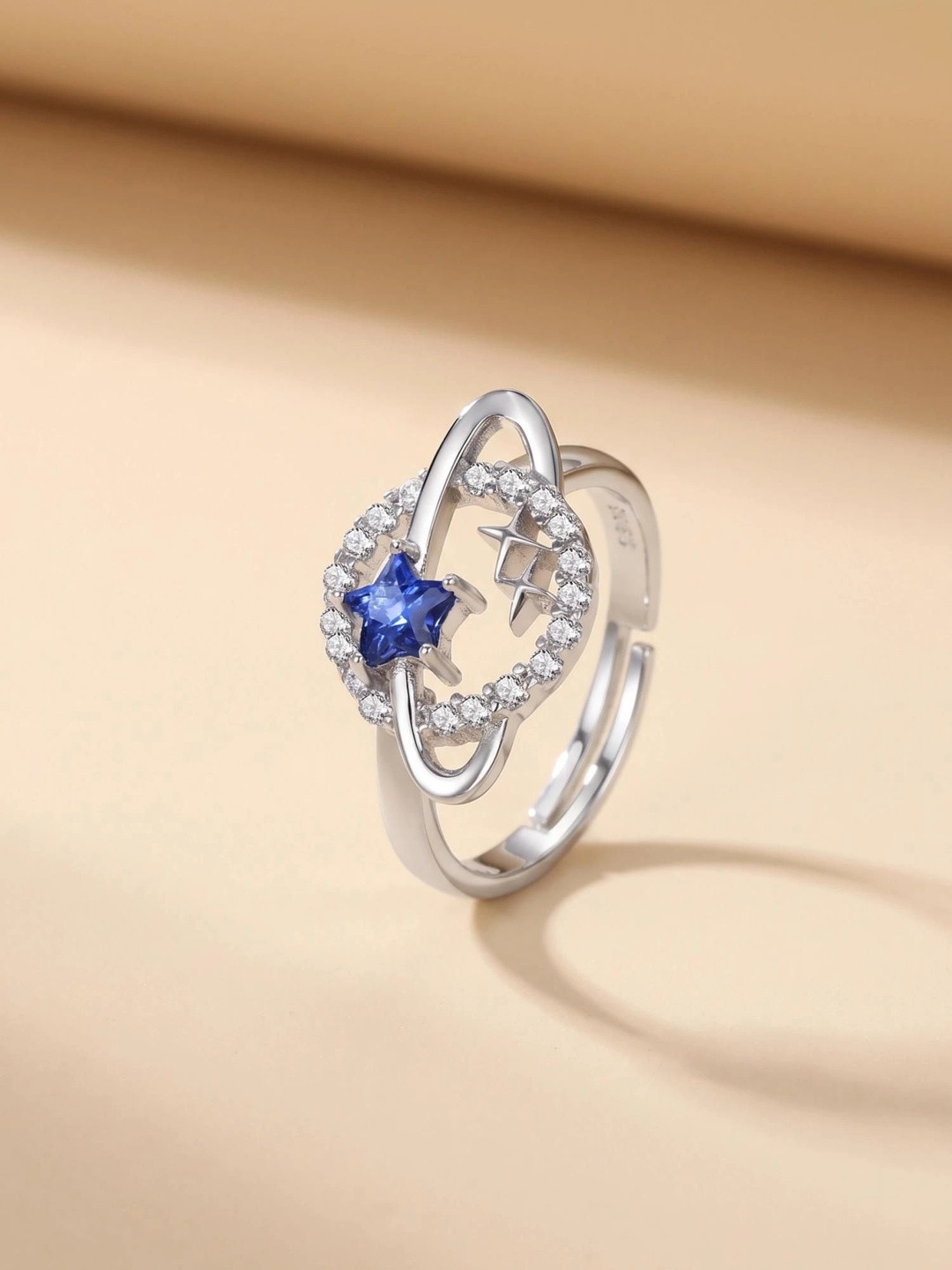 MYKI Silver-Plated CZ Stone Studded Universe Design Adjustable Finger Ring