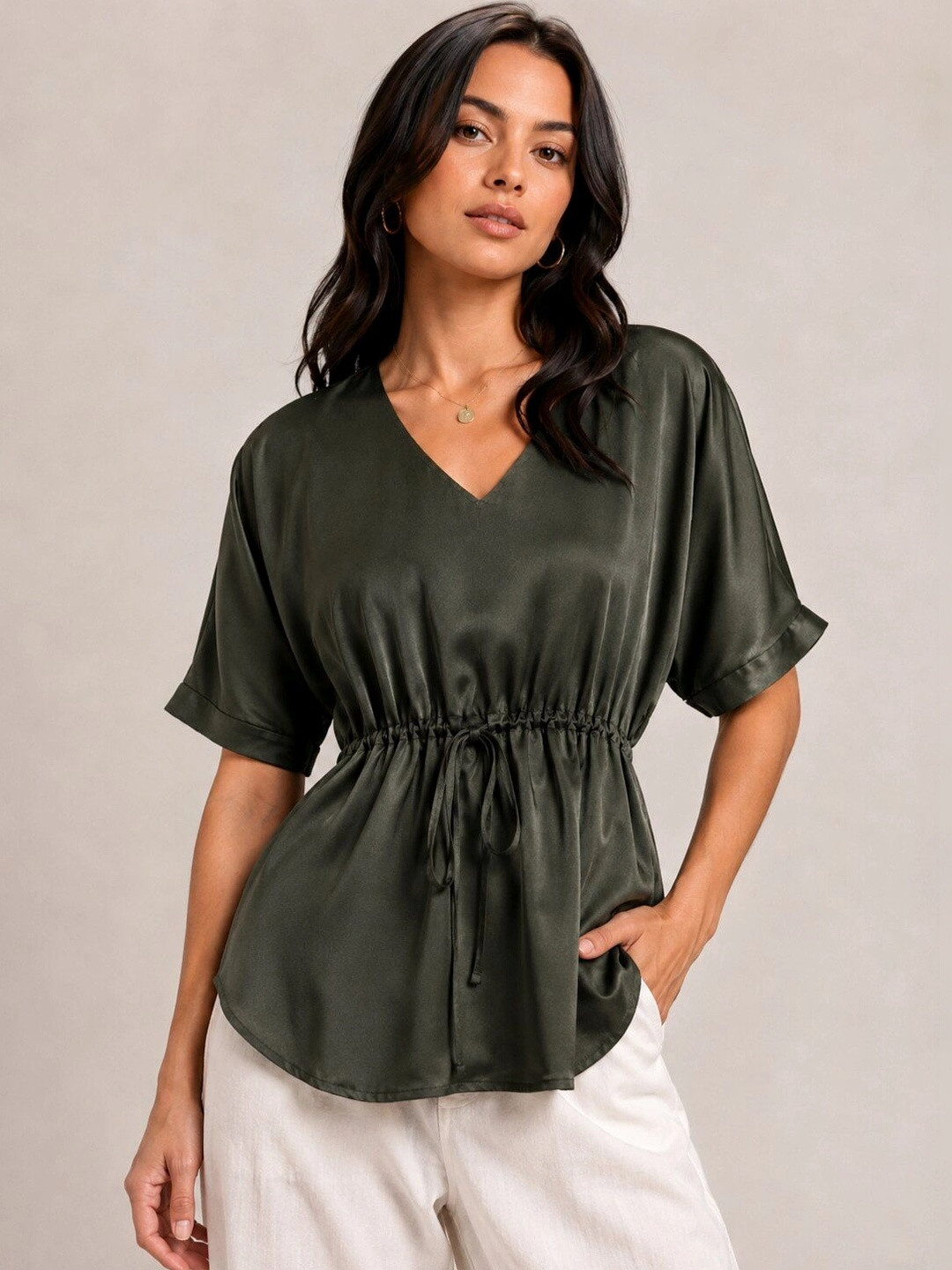 KATLINE Satin Cinched Waist Top