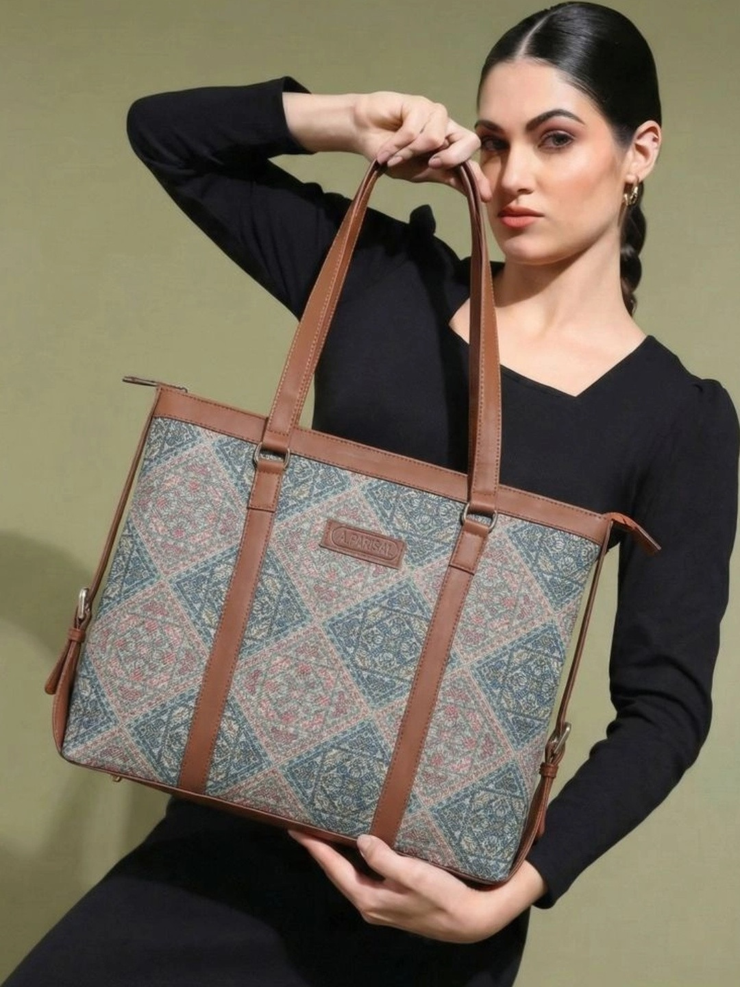 PARISAL Geometric Printed Structured Tote Bag
