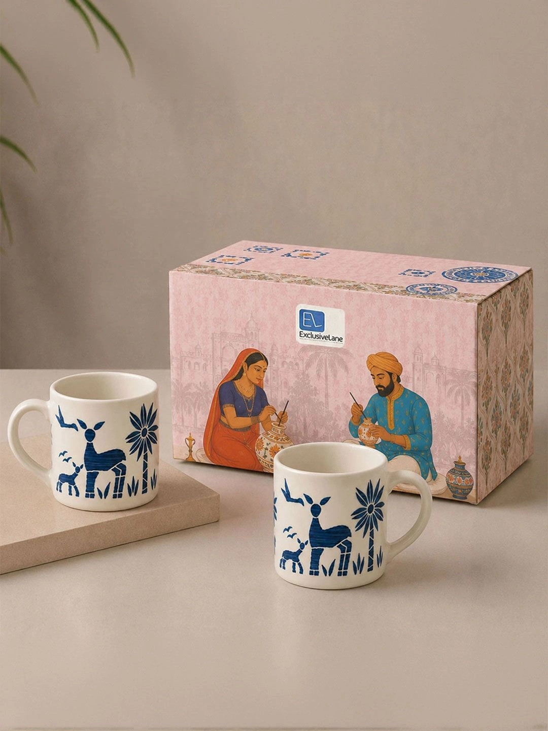 ExclusiveLane Blue & White Handcrafted Printed Ceramic Glossy Mugs Set of Cups and Mugs