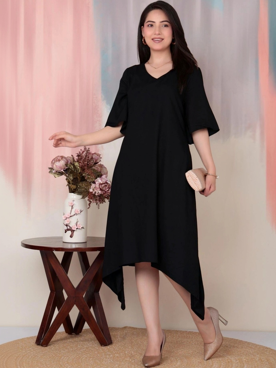 Mlada Women Flare Fit V-Neck 3/4th Sleeves Rayon Midi Dress with Pockets
