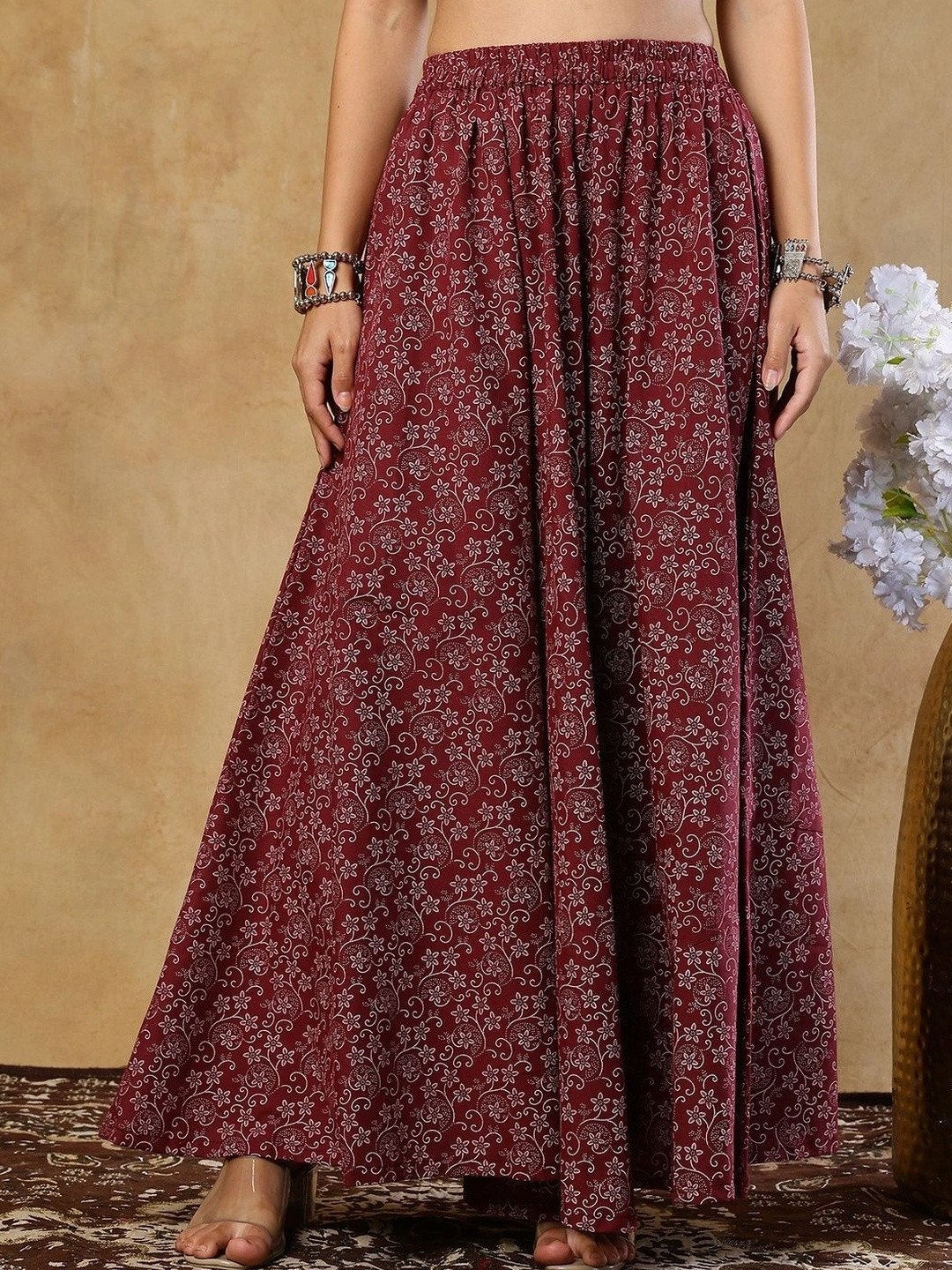 KALINI Women Cotton Floral Maxi Flared Skirt