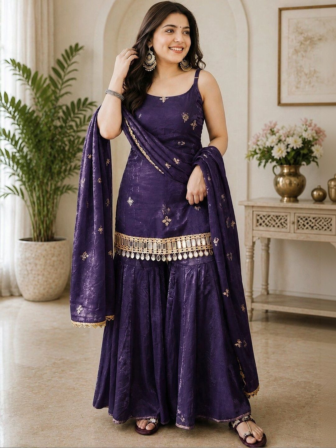 RangSetu Women Ethnic Motifs Regular Mirror Work Kurta with Sharara & With Dupatta