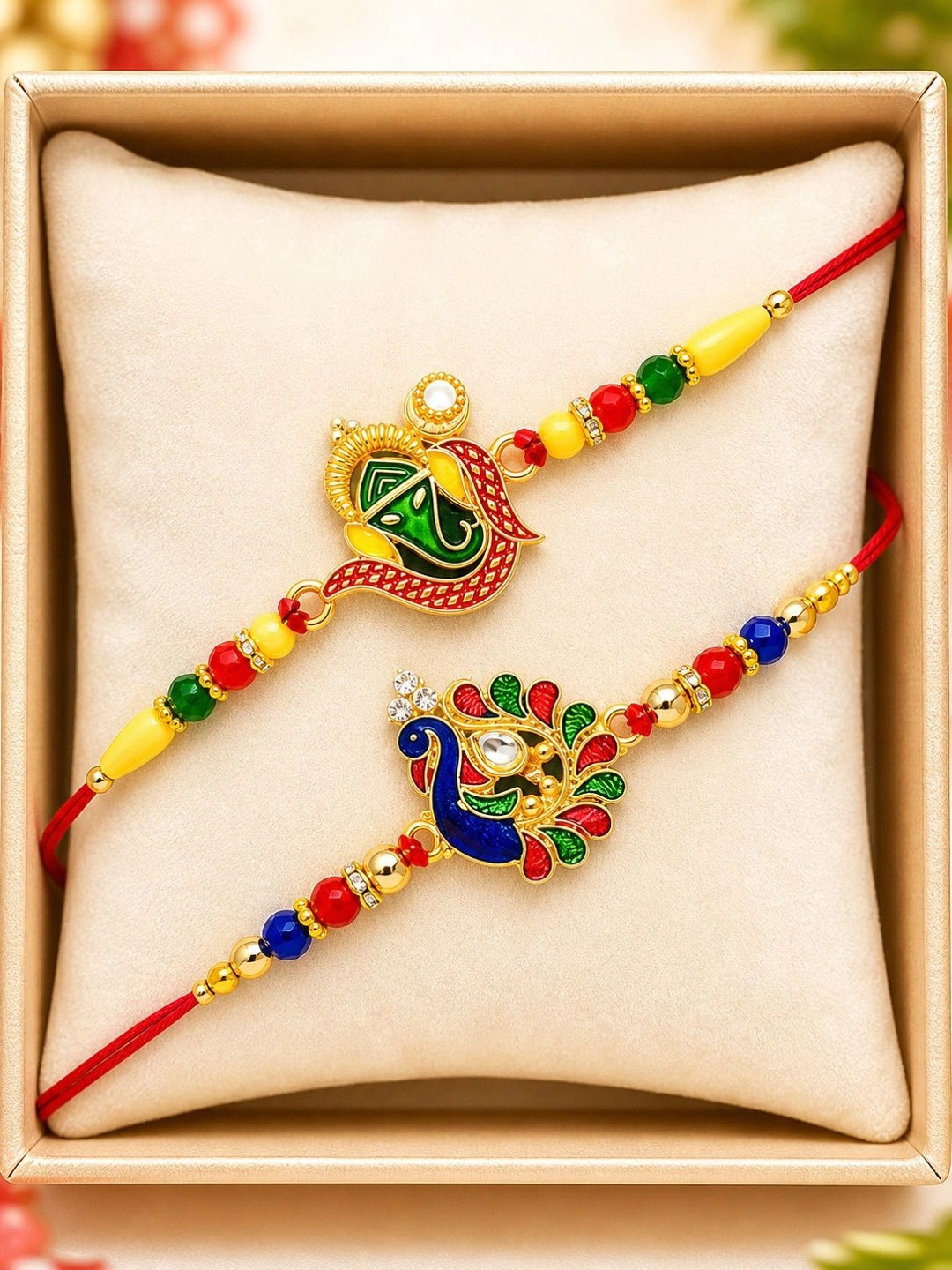 DeoDap 2-Rakhis & Greeting Card With Roli Chawal & Silver Toned Coin Gift Set