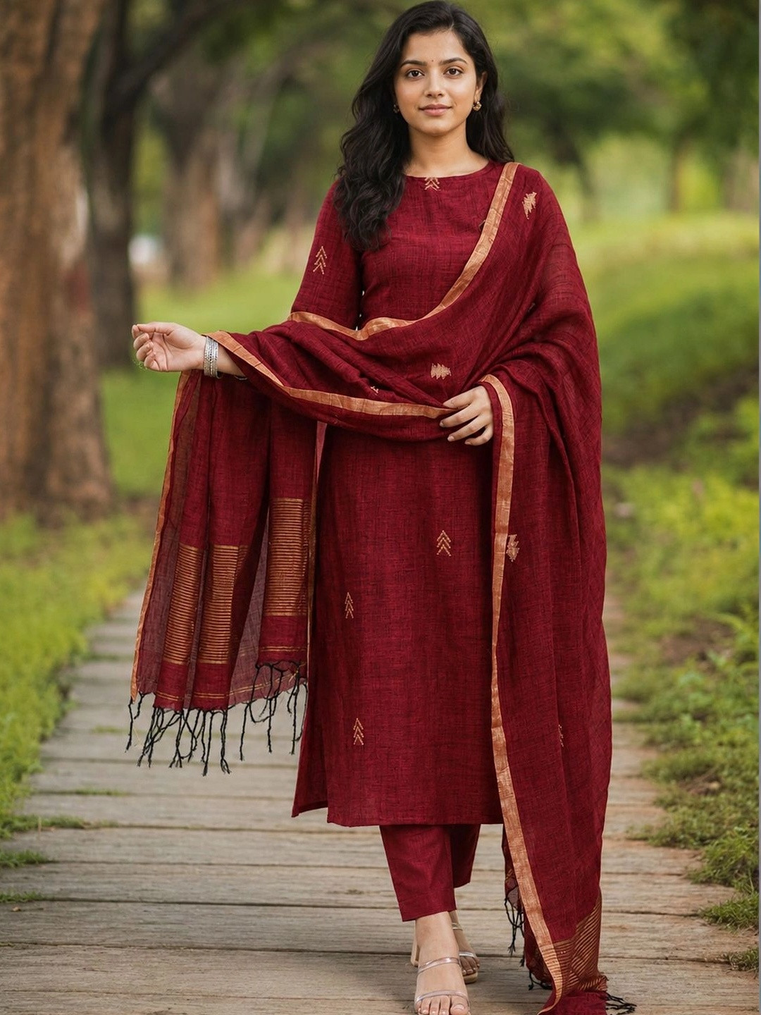 Moda Rapido Self Design Embroidered Thread Work Straight Kurta With Trouser & Dupatta