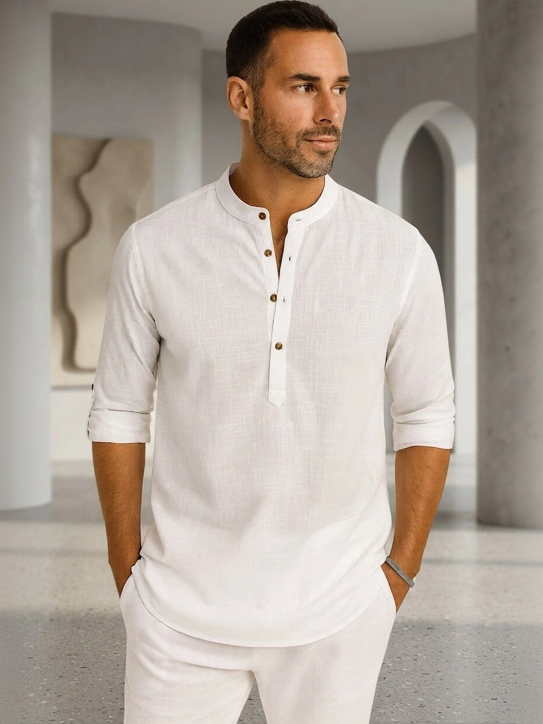 ZBIO Men Mandarin Collar Roll-Up Sleeves Straight Kurta