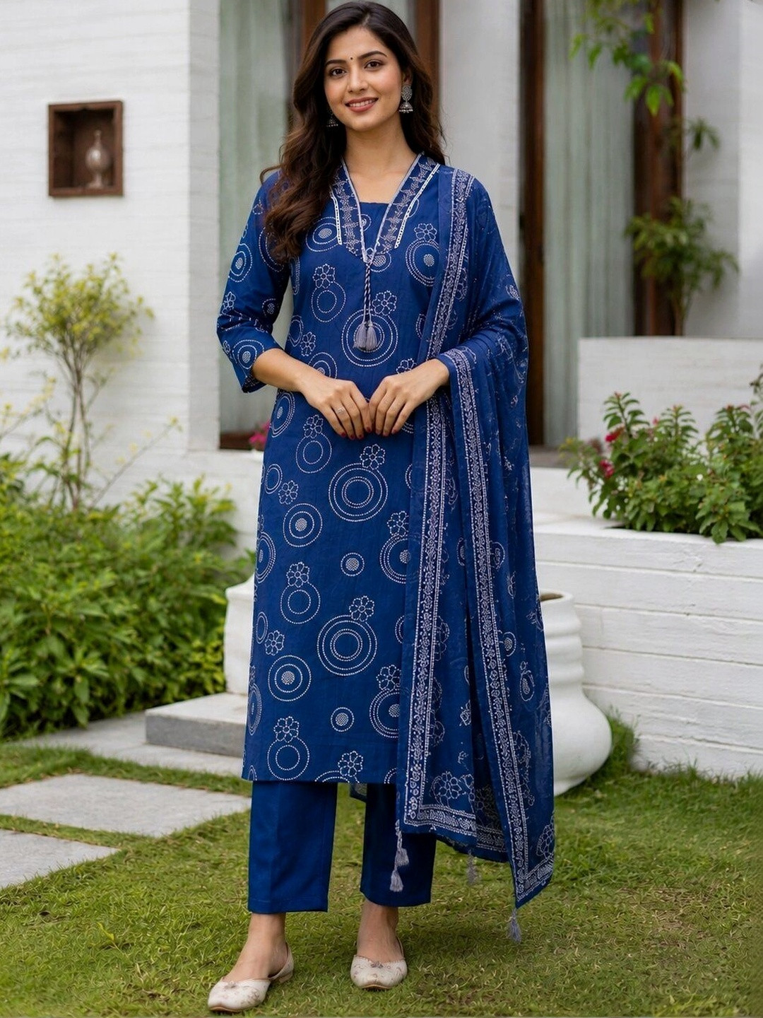 MANJALI DESIGN Women Ethnic Motifs Printed Regular Pure Cotton Kurta with Trousers & With Dupatta