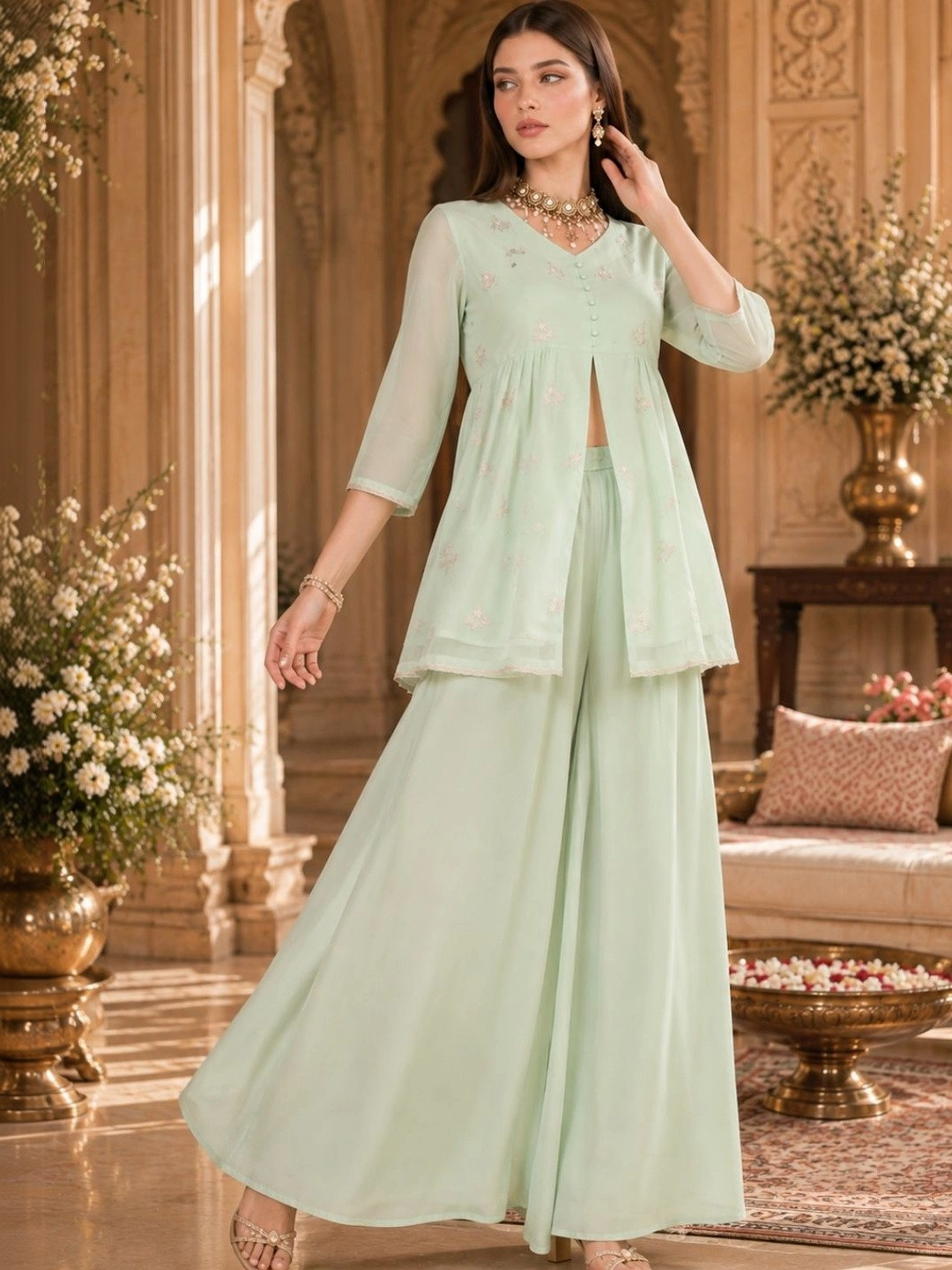 indo street Floral Embroidered Pleated Thread Work Kurti with Palazzos
