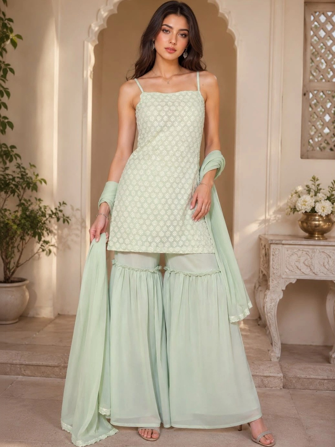 indo street Embroidered Shoulder Straps Thread Work Kurti With Sharara & Dupatta