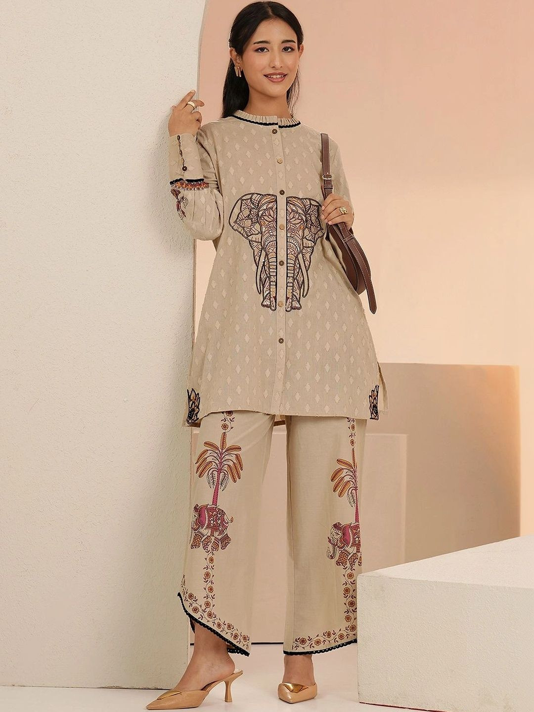 Libas Beige Tribal Woven Design Cotton Blend A-Line Kurta Set