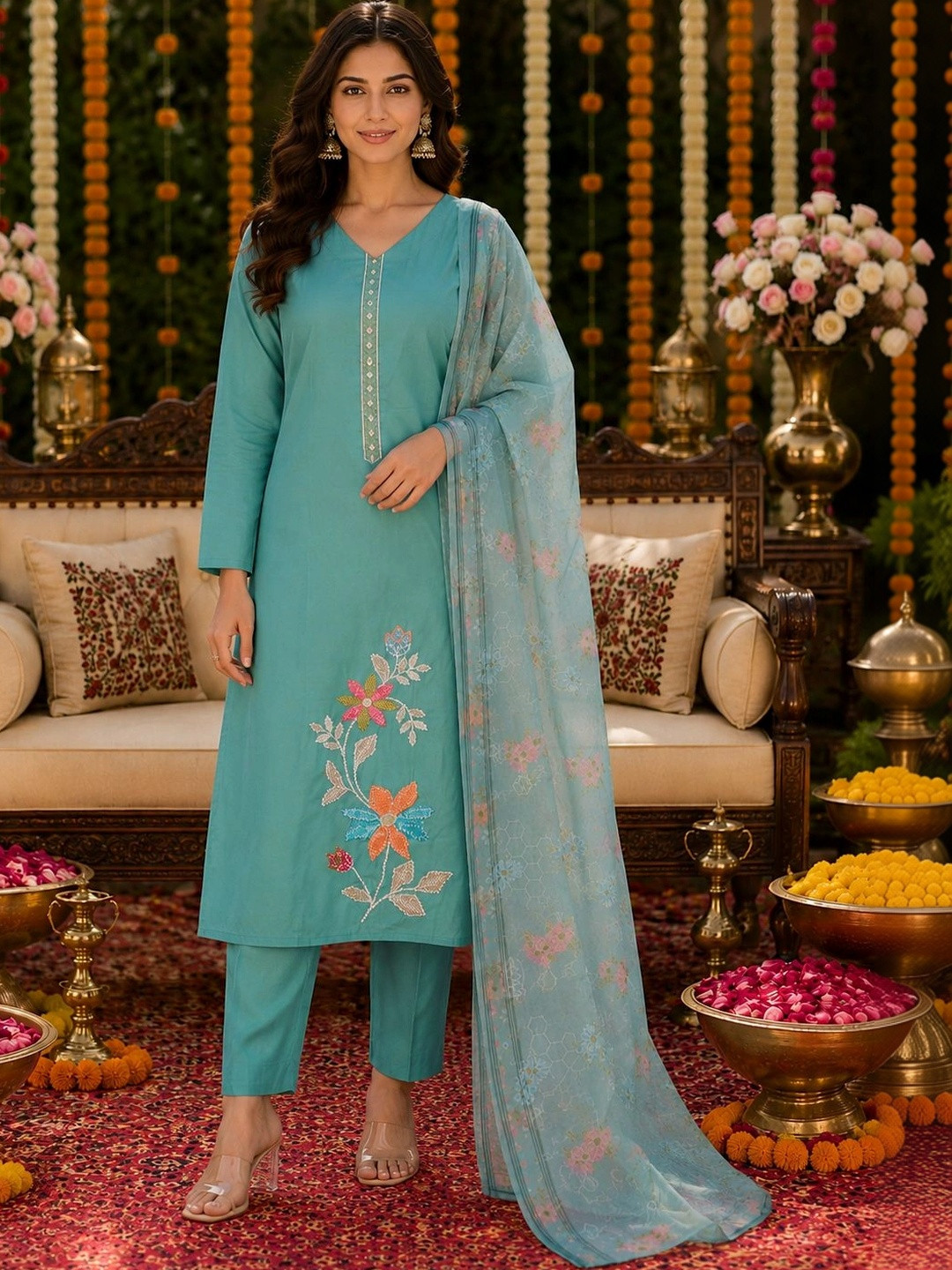 Embroidered Regular Thread Work Pure Silk Kurta with Trousers & With Dupatta