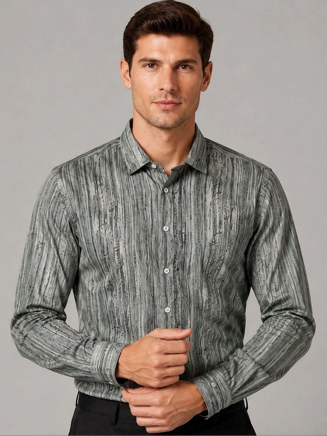 Foomer Men Self Design Spread Collar Regular Fit Cotton Shirt
