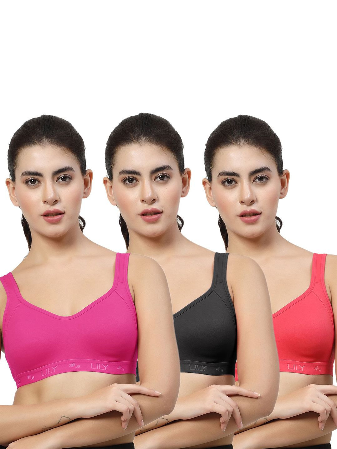 LILY Women Pack Of 3 Full Coverage Non Padded Sports Bra