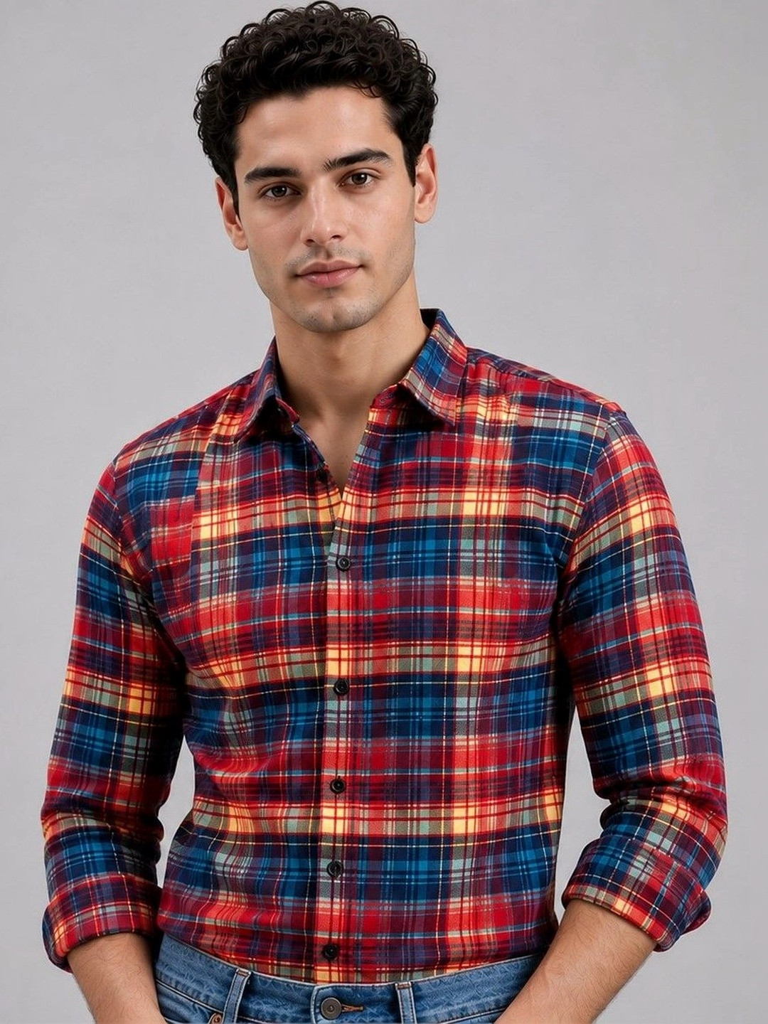Foomer Men Standard Tartan Checks Cotton Casual Shirt