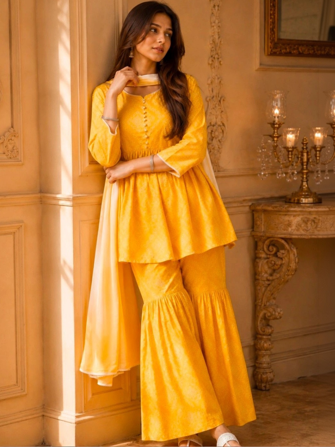 indo street Bandhani Printed A-Line Pleated Kurti with Sharara & Dupatta