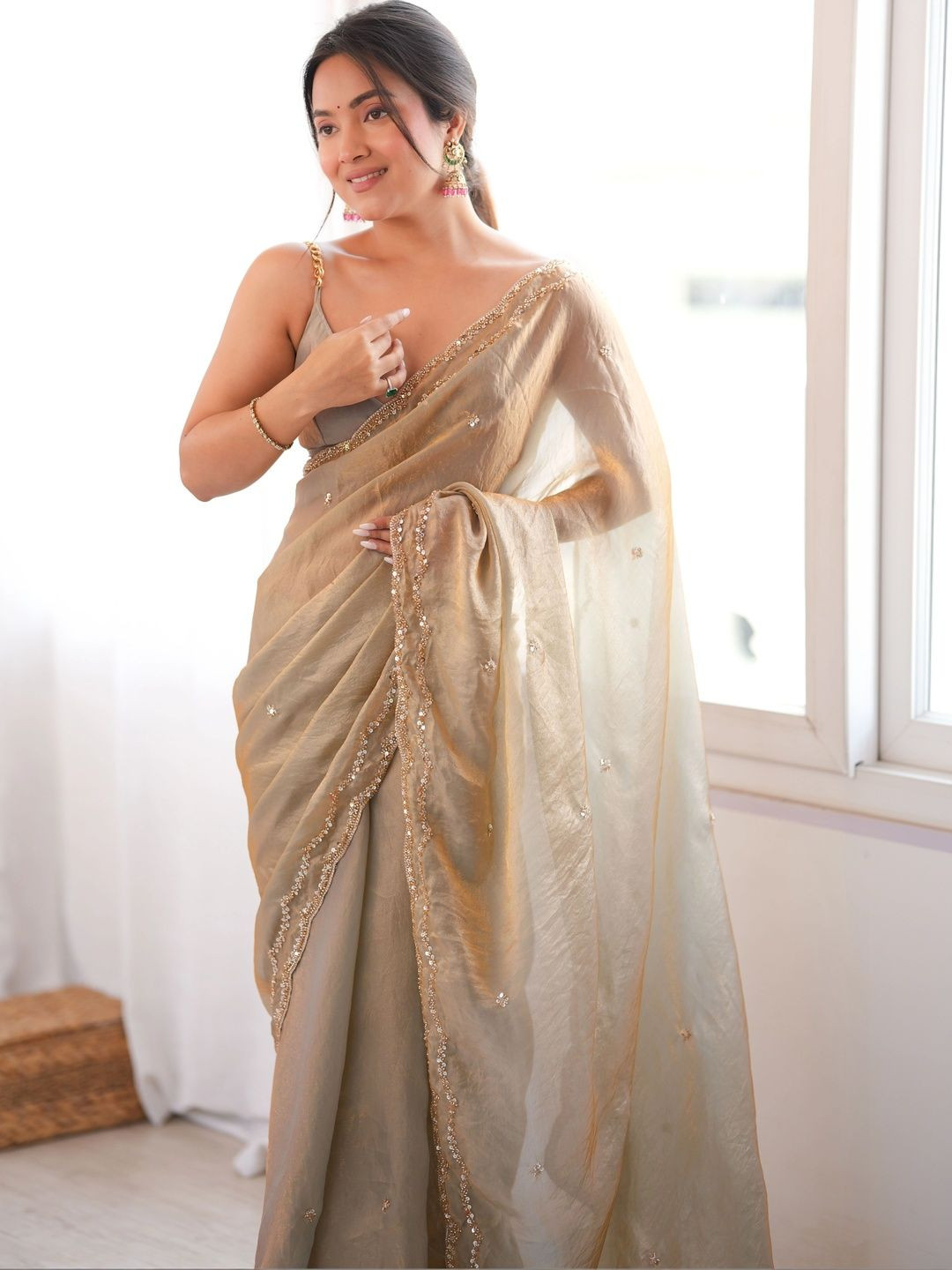 KIMISHA Embellished Beads and Stones Tissue Designer Saree