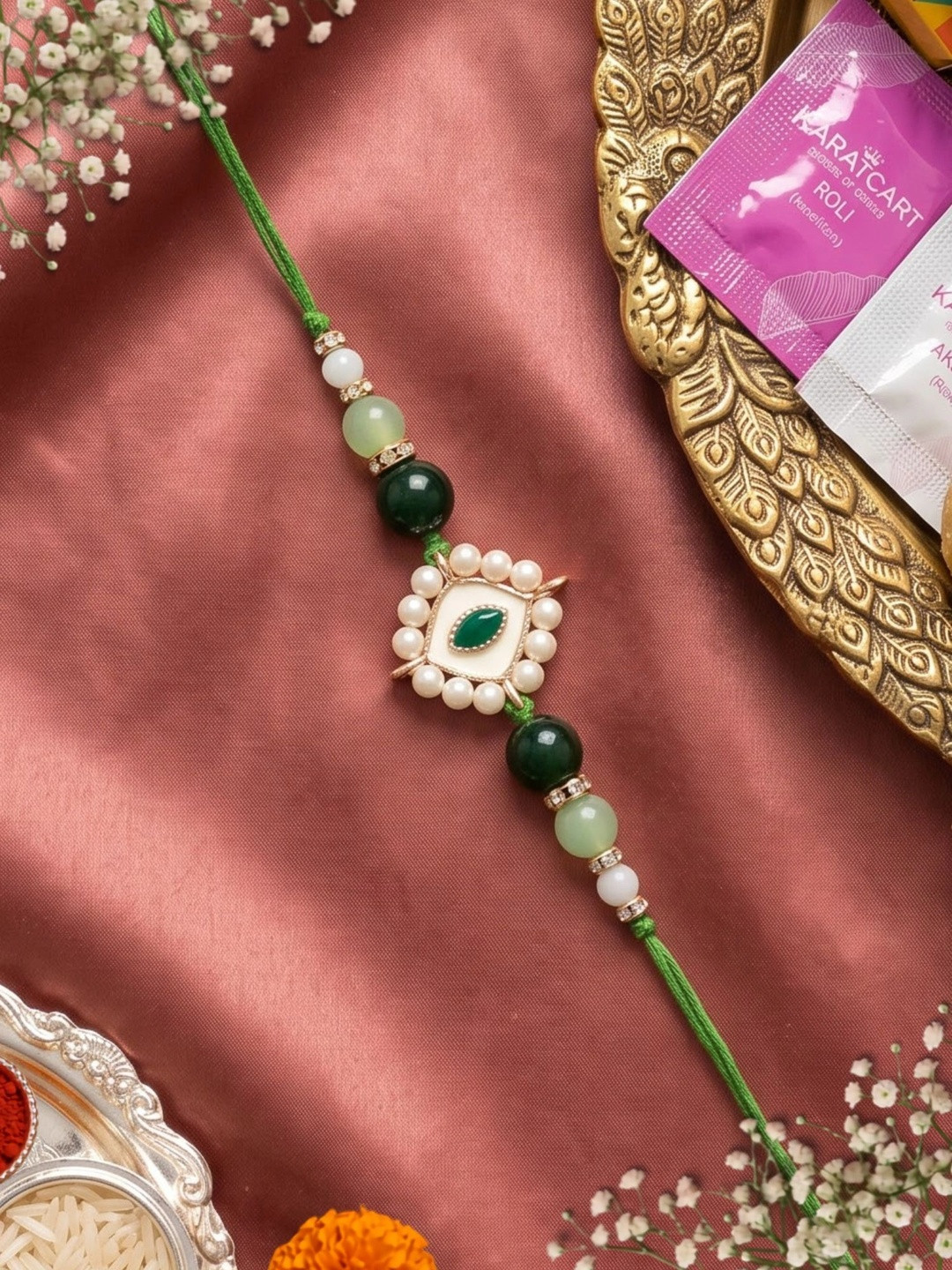 KARATCART Gold Plated Kundan & Artificial Beads Studded Evil Eye Thread Rakhi