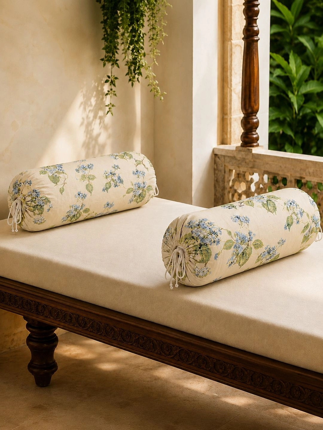 Clasiko 2-Pcs Beige & Blue Printed Pure Cotton Bolster Covers