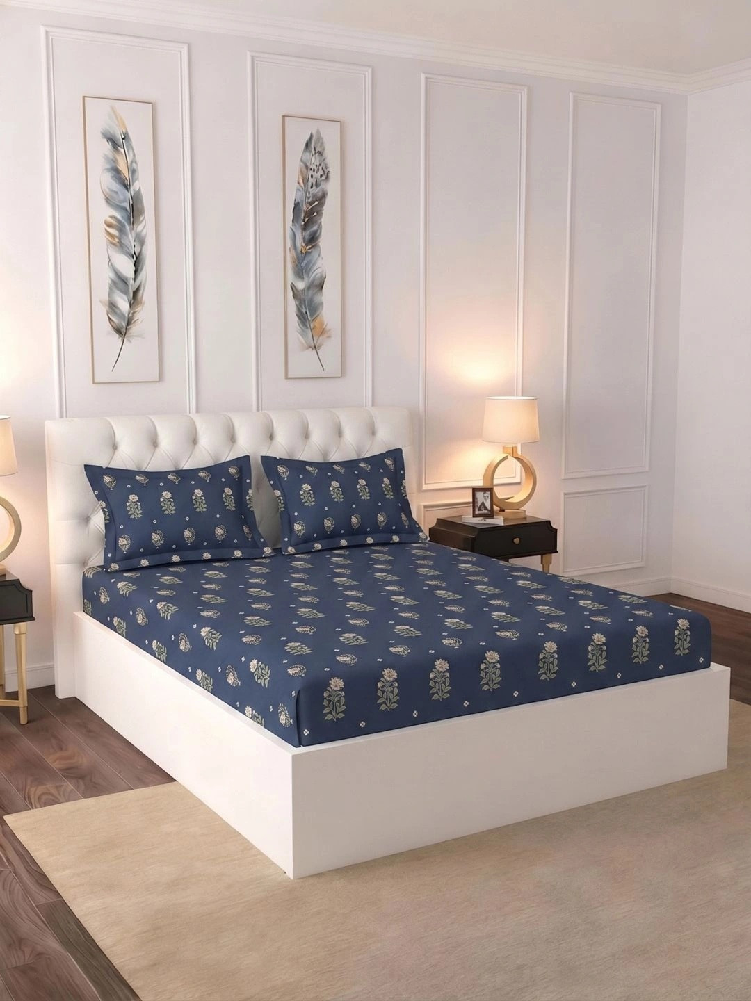 Raymond Home Navy Blue Ethnic Motifs Queen Bedsheet with 2 Pillow Covers