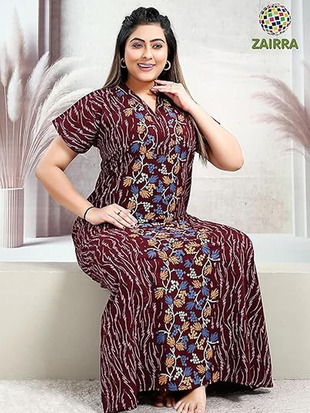Zairra Women Brown Floral Printed Pure Cotton V-Neck Short Sleeves Everyday Nightdress