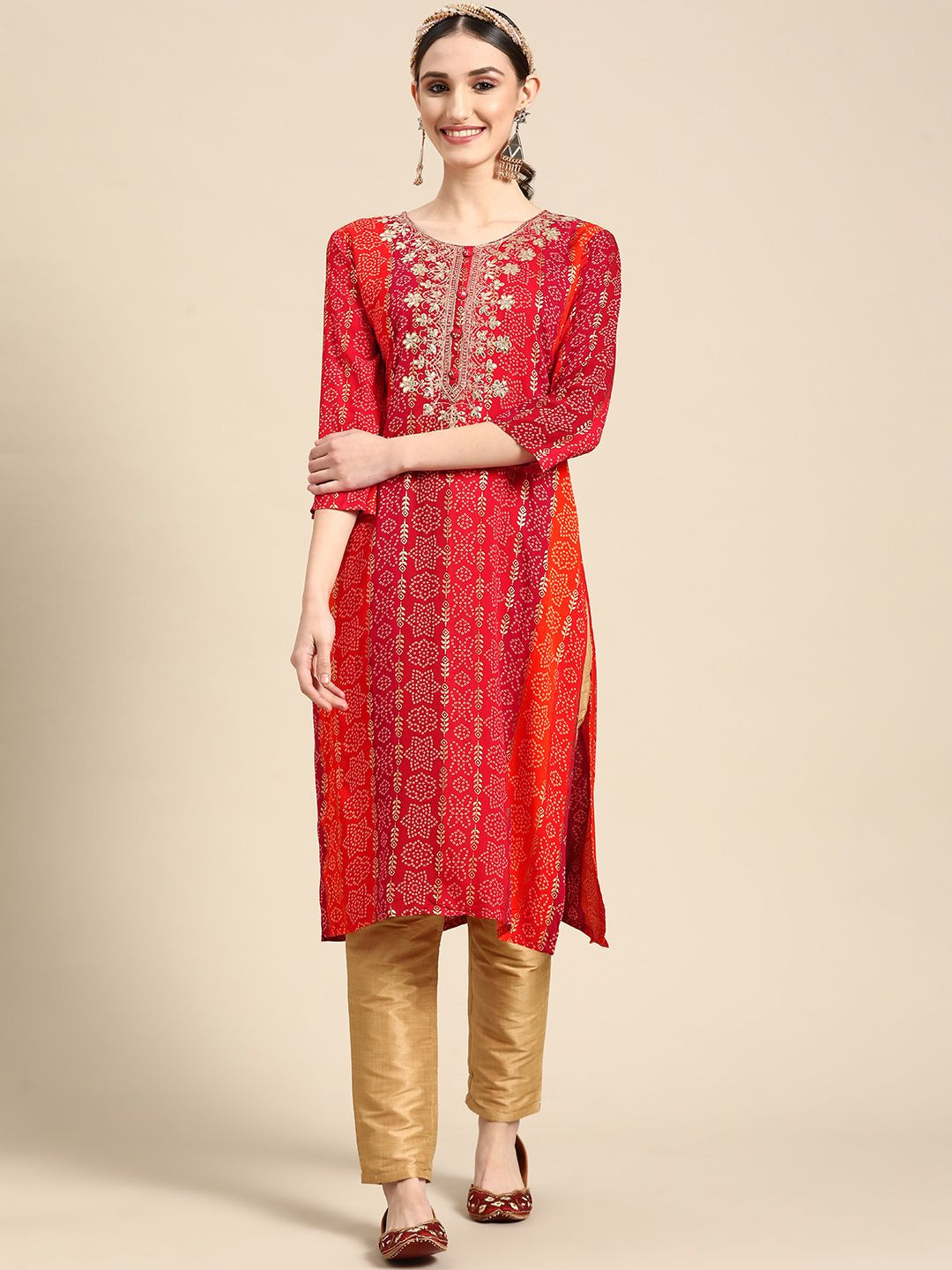 Sangria Women Red Bandhani Embroidered Thread Work Kurta