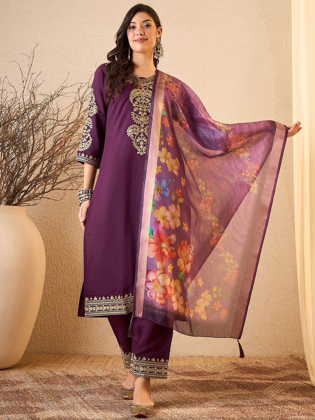 Royal Export Women Floral Embroidered Thread Work Kurta with Trousers & Dupatta