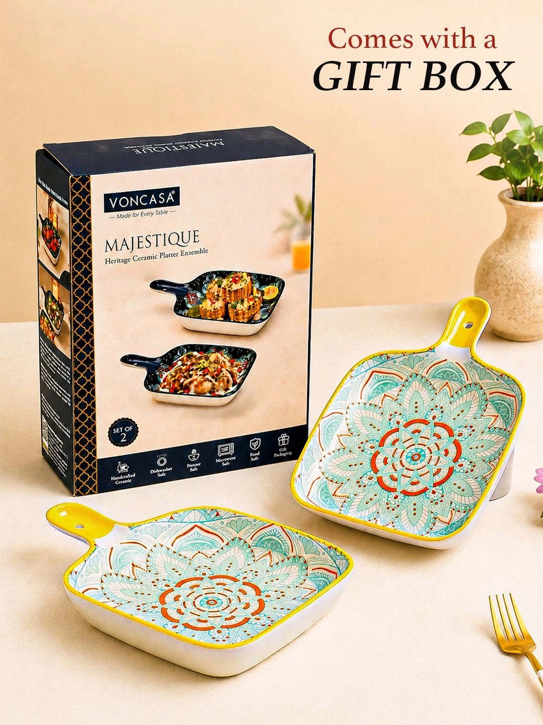 MARKET99 Set Of 2 Mandala Ceramic Fry Pan Dish with Handle