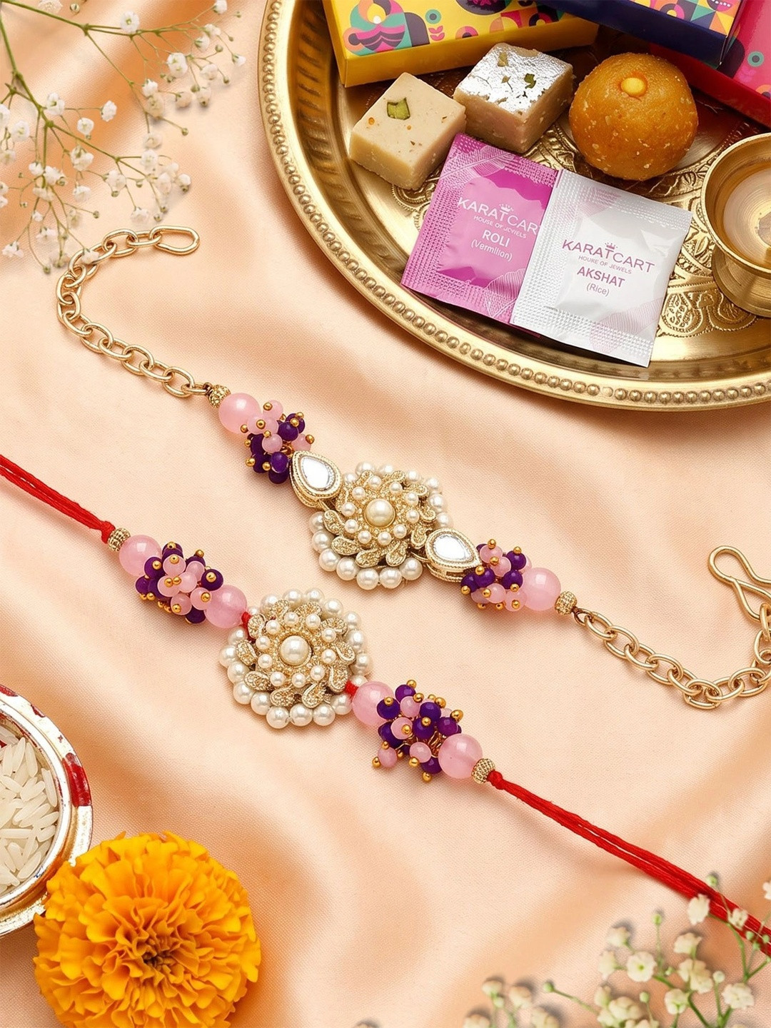 KARATCART Gold-Plated Crystal Kundan Bhaiya Bhabhi Rakhi with Roli & Chawal