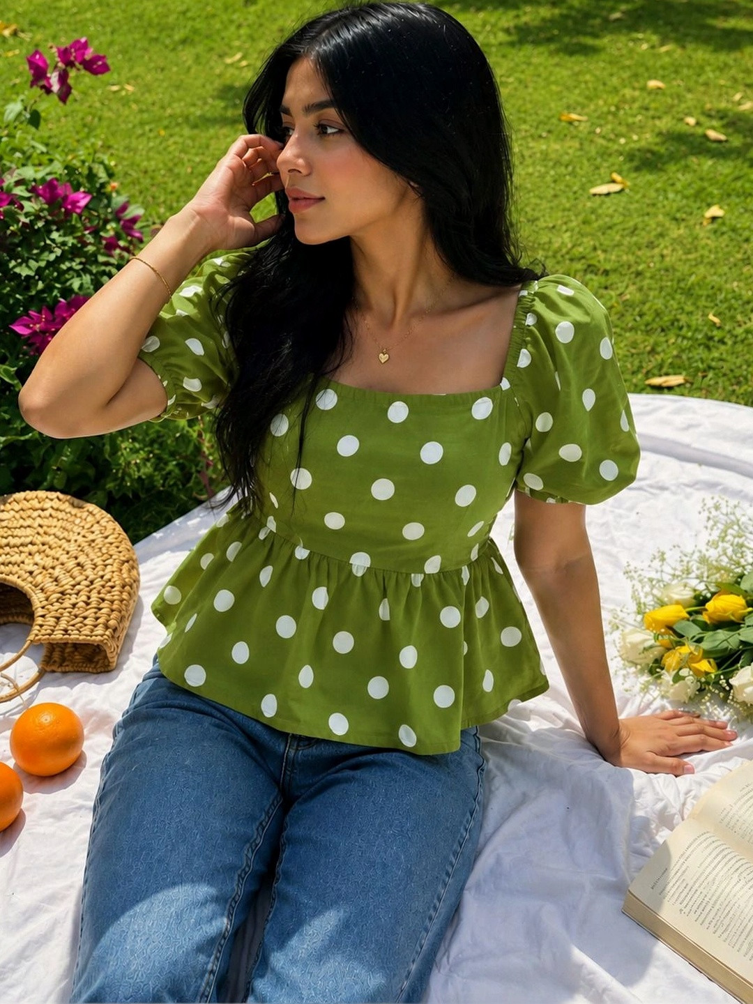 SEVEN FLOWER Polka Dot Print Puff Sleeve Cotton Blend Peplum Top