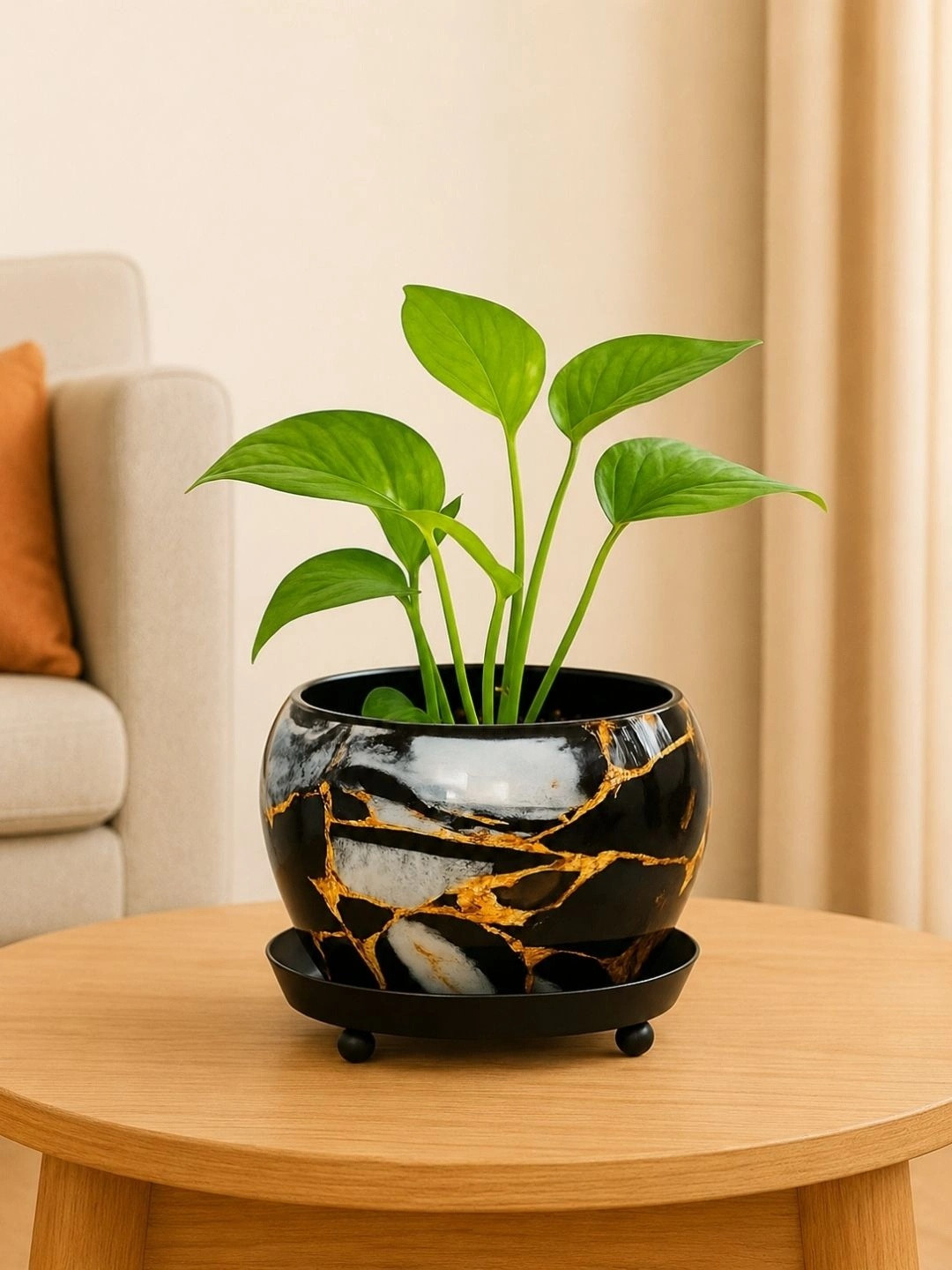 ecofynd 2-Pcs Black Printed Metal Round Planters With Saucer Plates