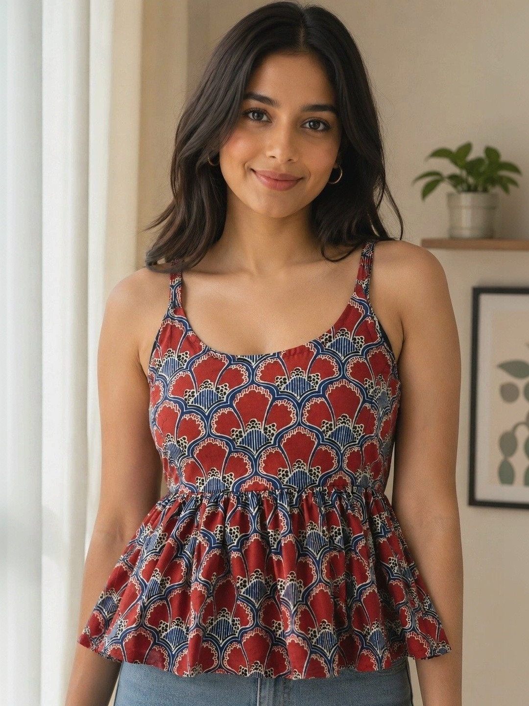 UNFAKENOW Print Ethnic Cotton Blend Peplum Top