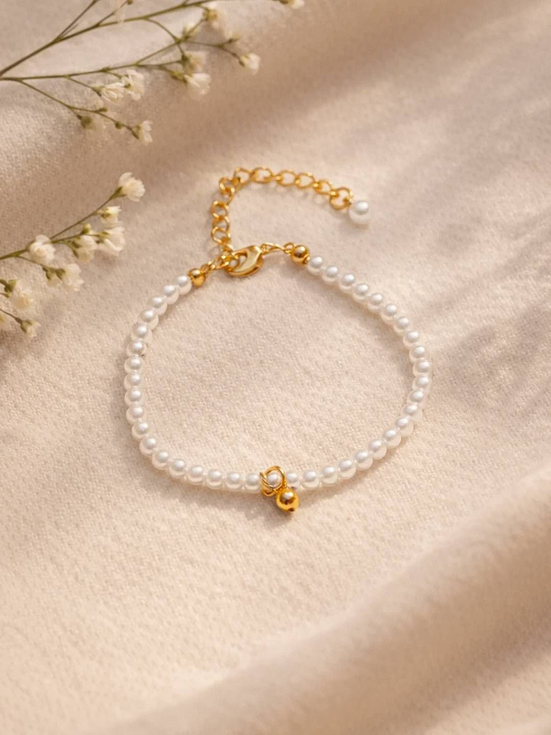 Rubans Demifine 18k Gold Plated Stainless Steel Pearl Beaded Bracelet