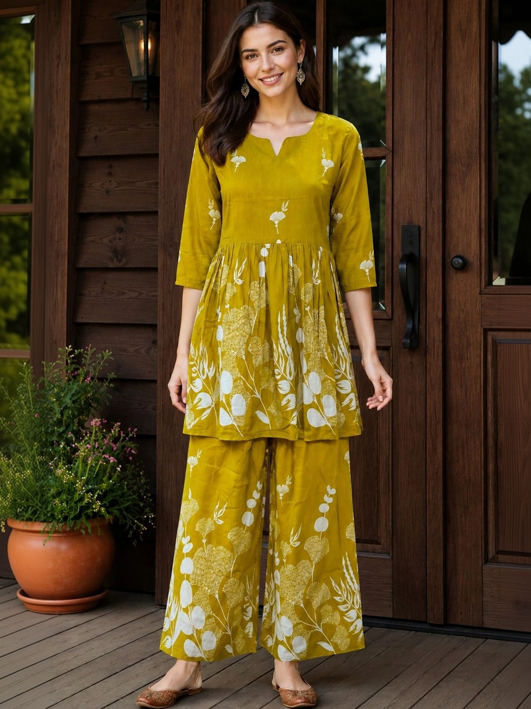 Yellow Floral Printed Tunic with Palazzos
