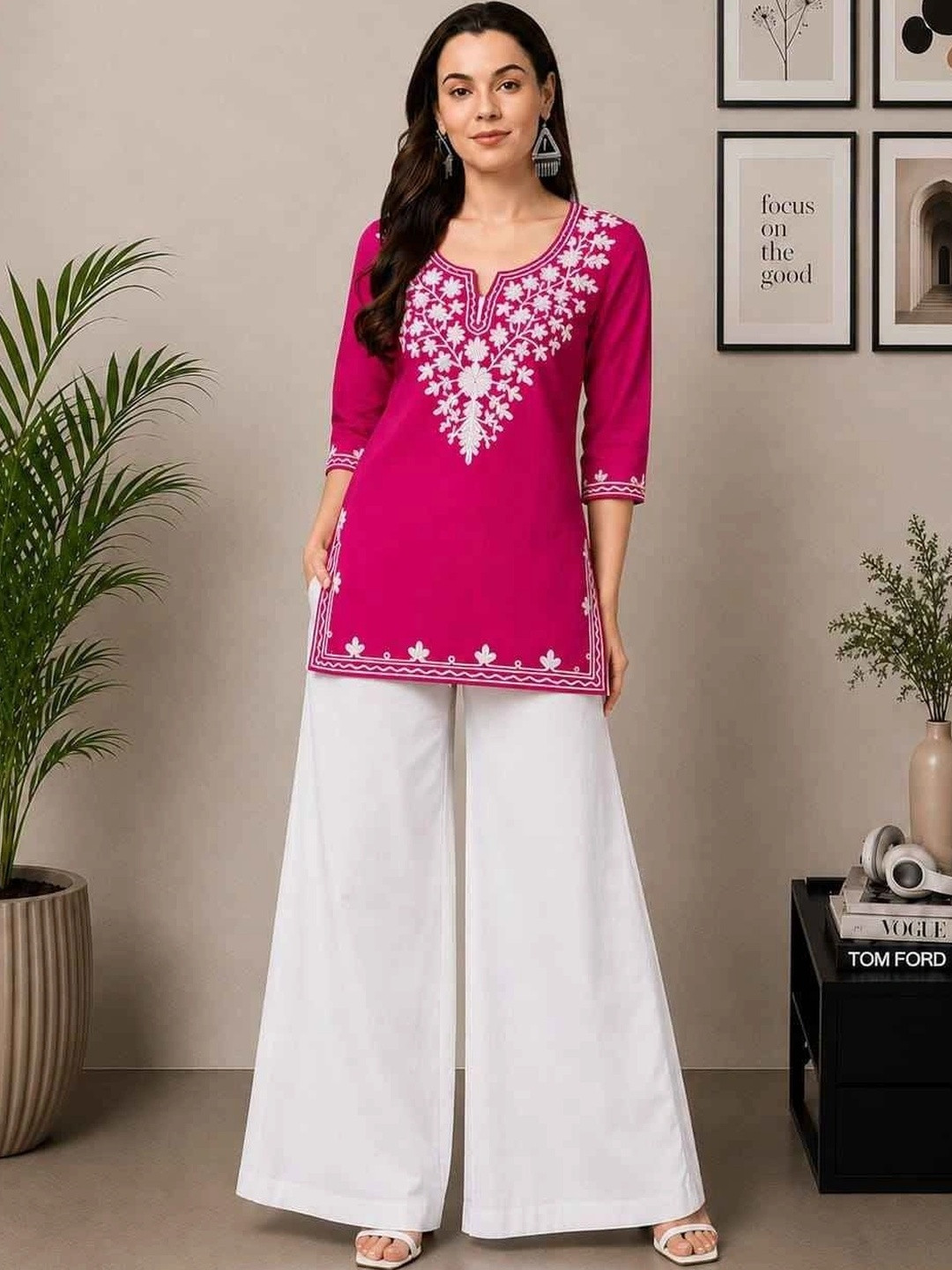 DIAMOND RUBY Women Ethnic Motifs Embroidered Regular Chikankari Kurti with Palazzos