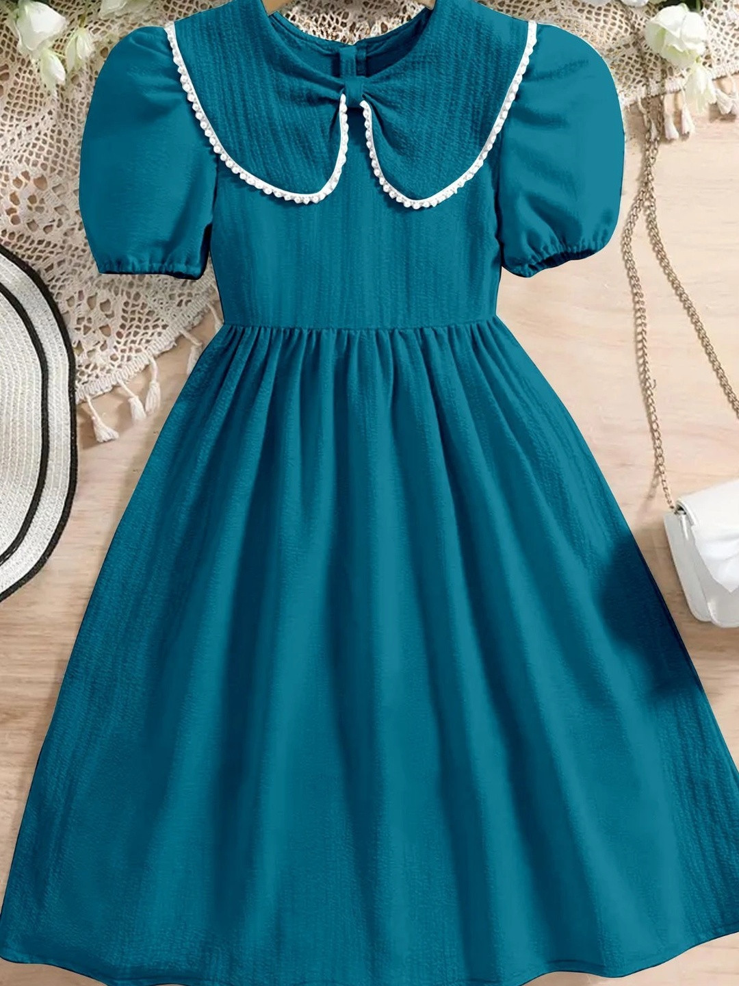 MENSBIT Peter Pan Collar Puff Sleeve Ruffled A-Line Dress