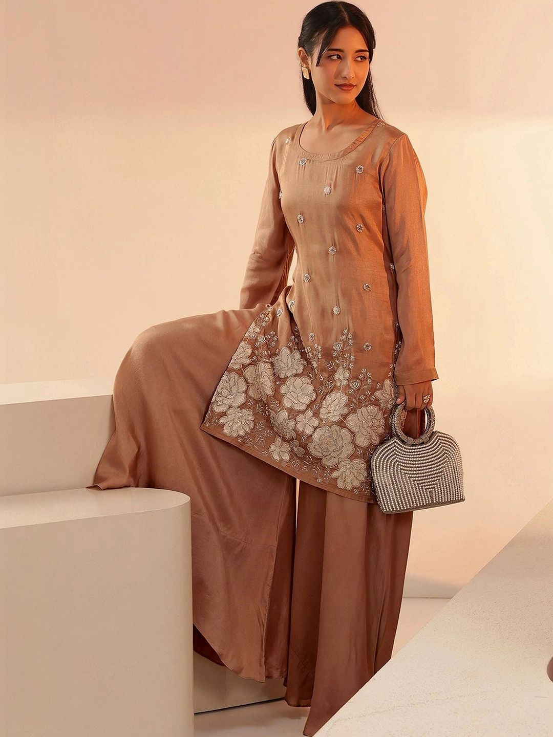 Libas Coffee Brown Floral Applique Silk Blend Straight Kurta Set - Image 1