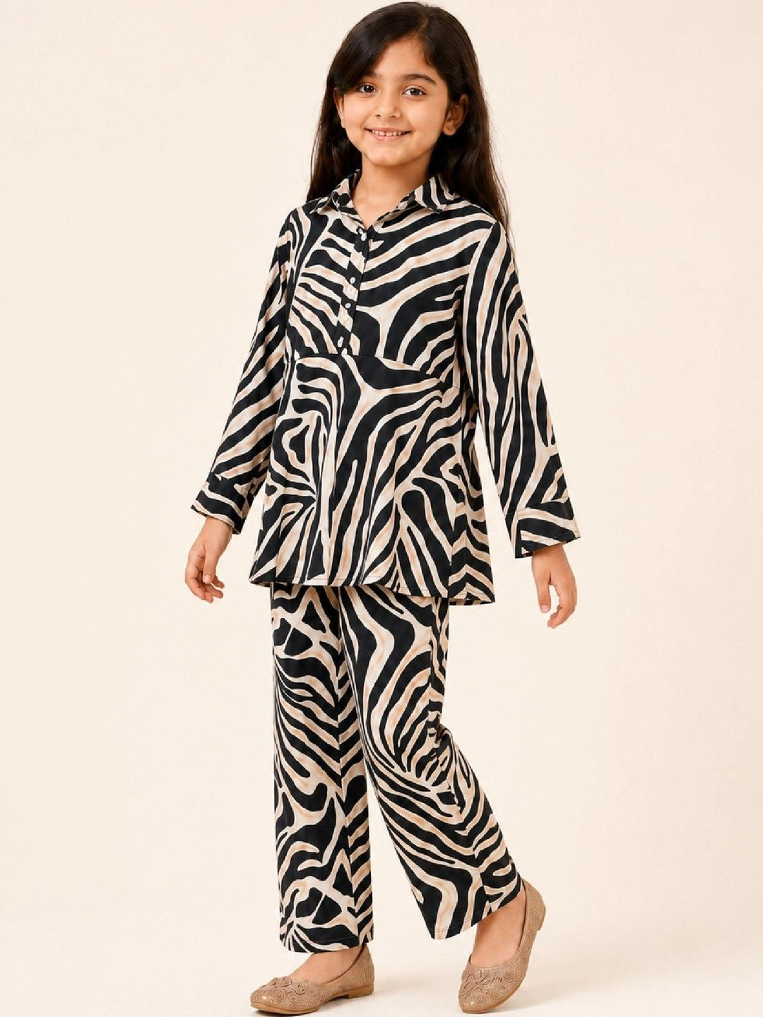 Huggle Boo Girls Black Beige Animal Printed Shirt Co-Ords Set