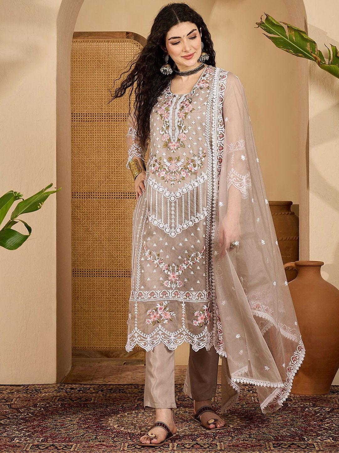 Sangria Embroidered Kurta With Trousers & Embroidered Dupatta