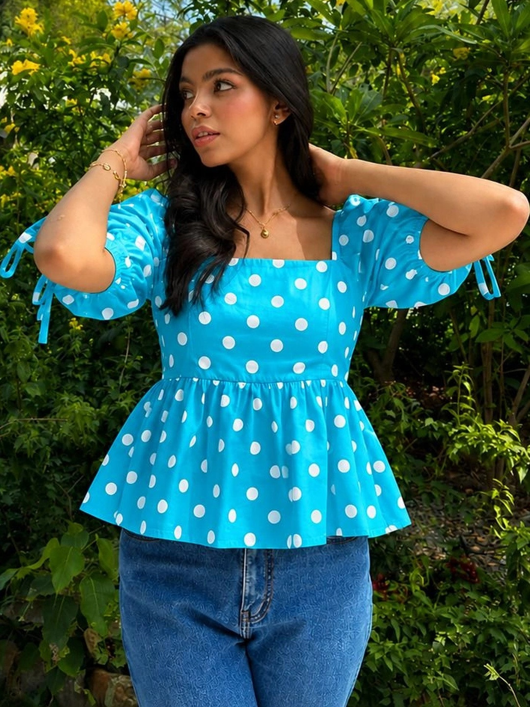 SEVEN FLOWER Polka Dot Print Puff Sleeve Cotton Blend Peplum Top