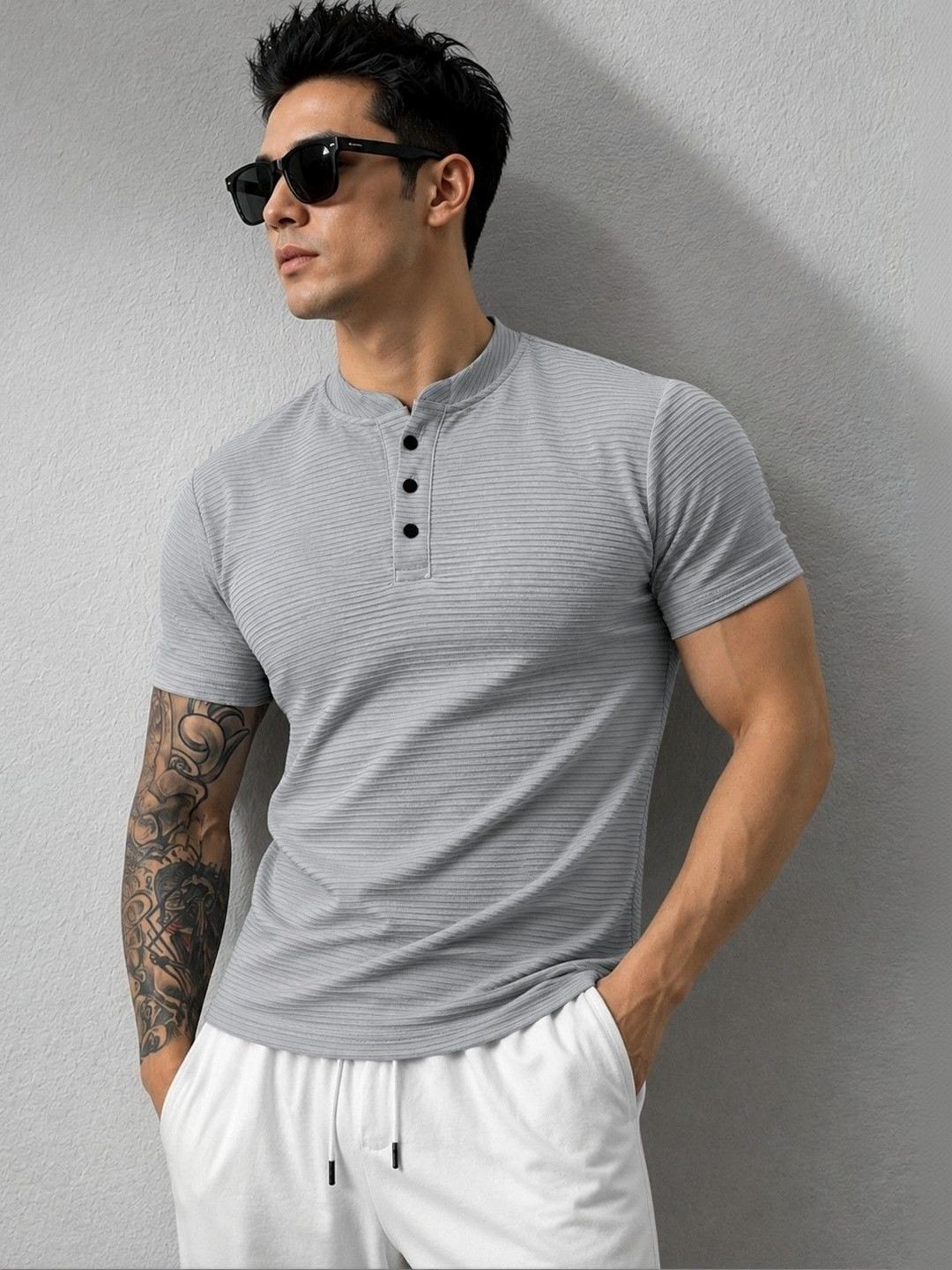 RUFICA Men Mandarin Collar T-shirt